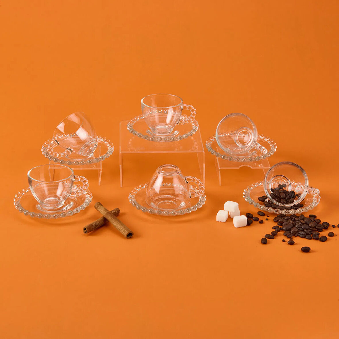 Home Bubbly 12 Parça Boncuklu Cam Kahve Fincanı - Şeffaf - 80 ml