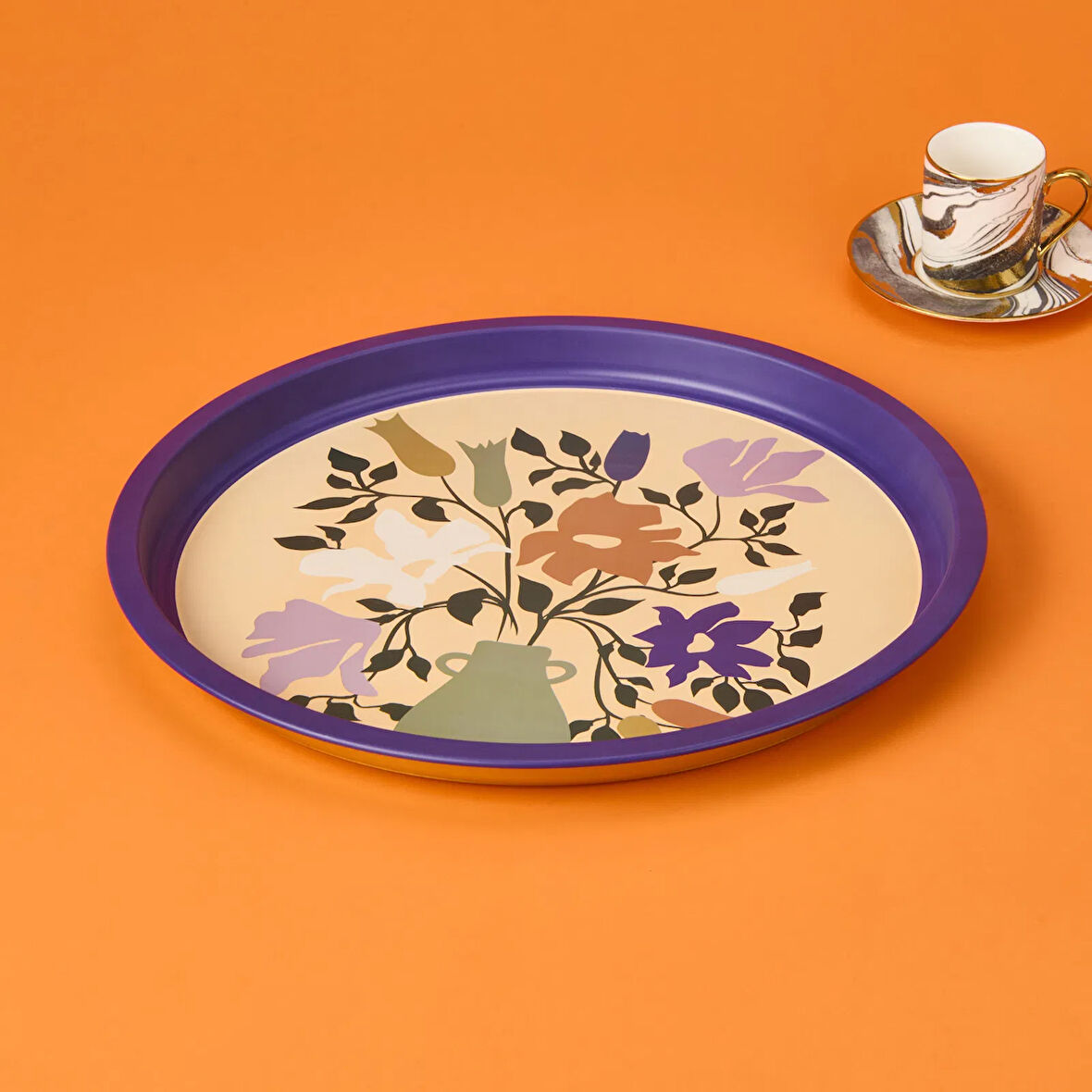 Çiçekli Tepsi - Mor - 35 cm