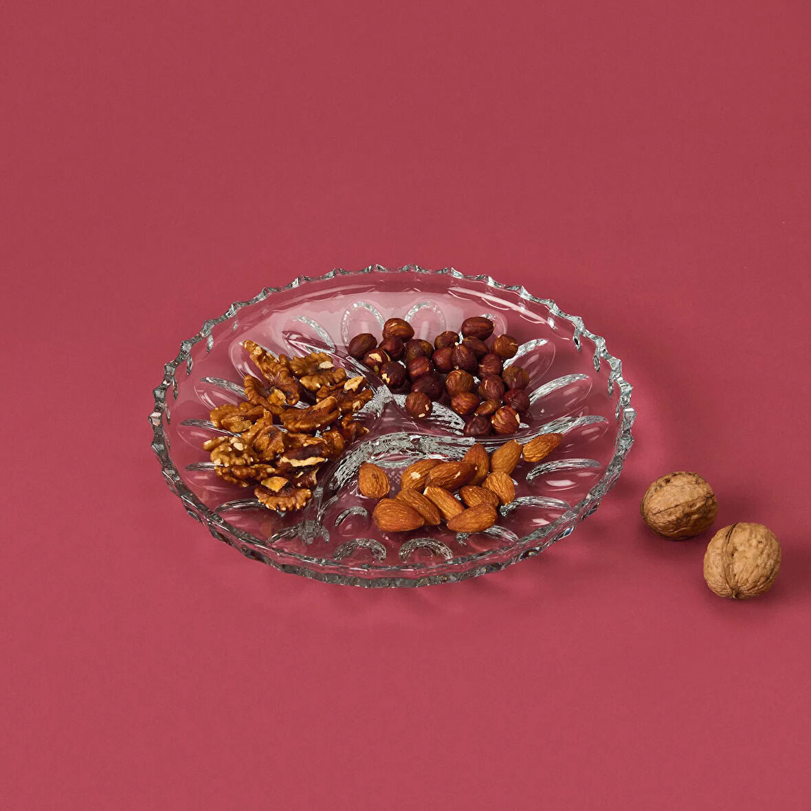 Glass 3 Bölmeli Cam Kahvaltı Sunum Tabağı - Şeffaf - 22 cm