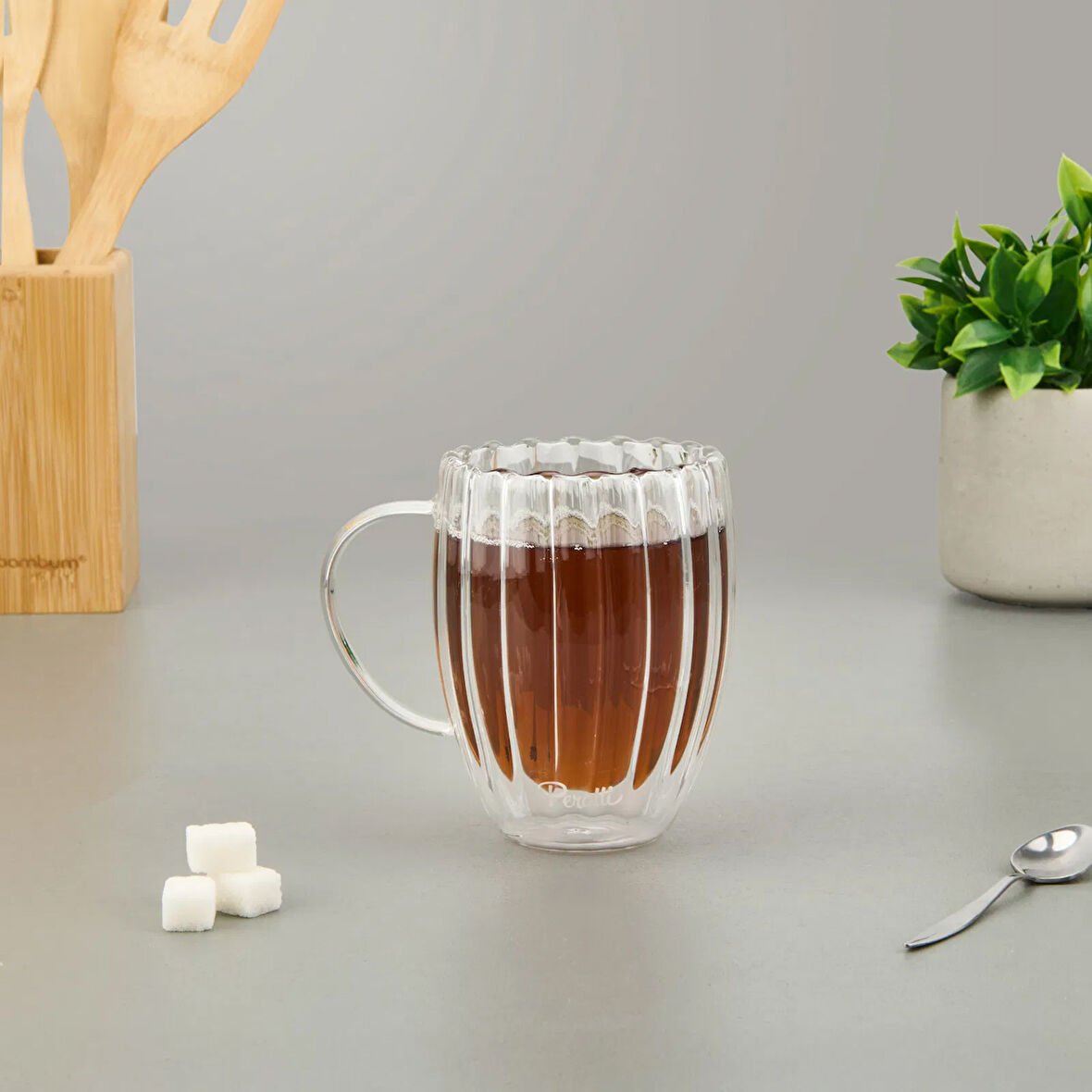 Çift Cidarlı Çizgili Bardak - Şeffaf - 350 ml