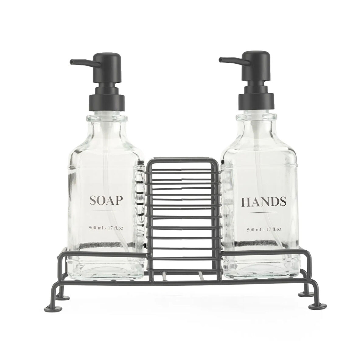 Stantlı 2'li Mutfak Sıvı Sabunluk Seti - Siyah - 500 ml