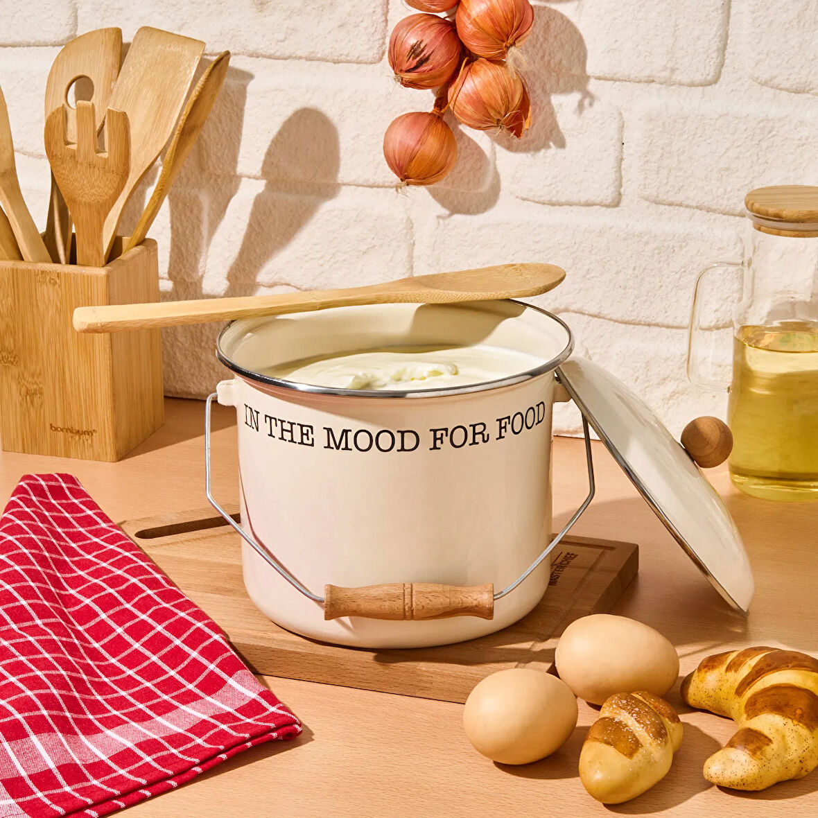 Emaye Büyük Bakraç - Krem - 20x20 cm