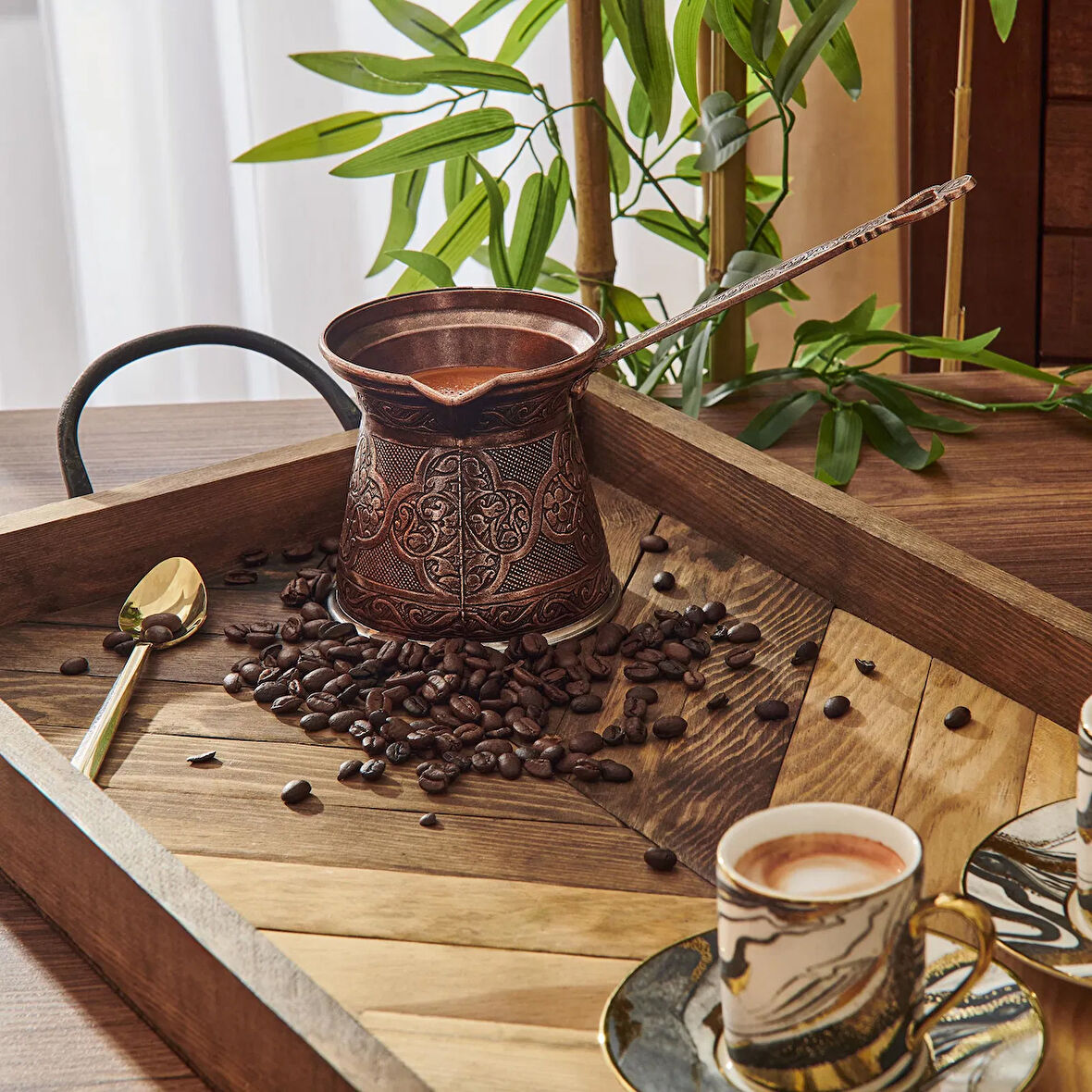 Metal Desenli Cezve No:6 - Kahverengi - 390 ml