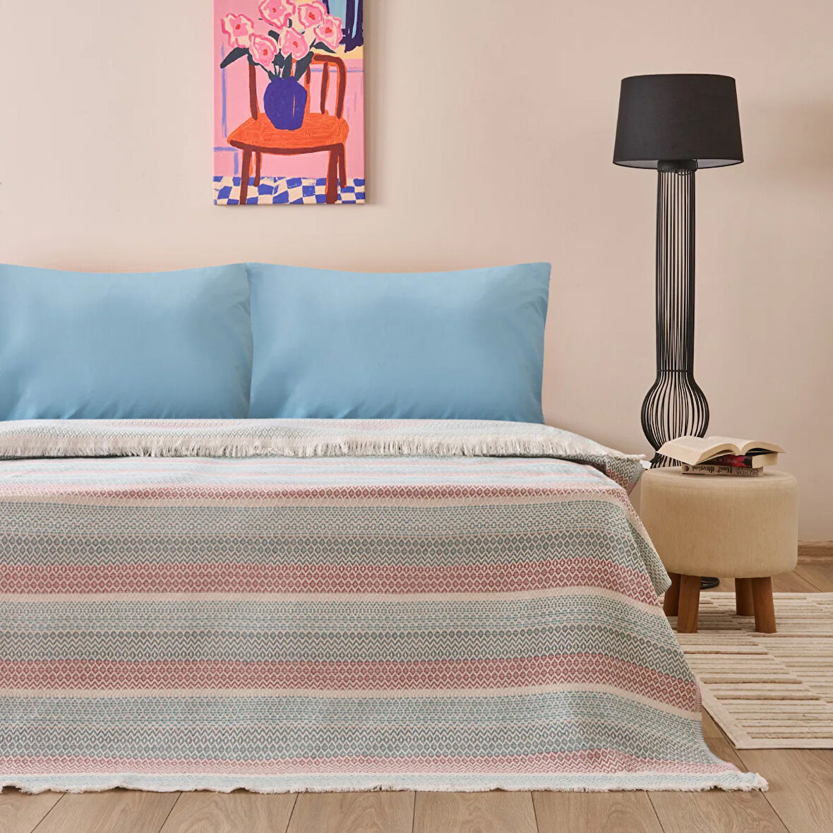 Soft Vita Tek Kişilik Pike - Ekru / Mavi - 160x230 cm