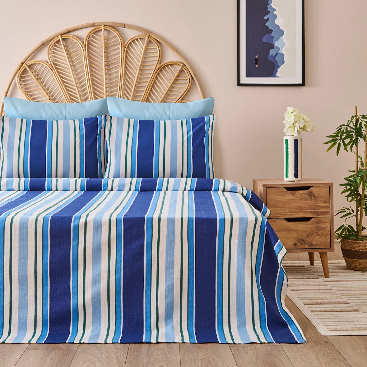 Soft Verano Tek Kişilik Pike Takımı - Mavi / Yeşil