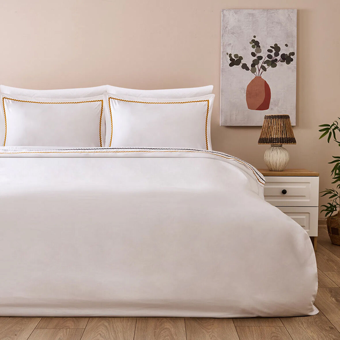 Soft Mustard Çift Kişilik Nevresim Takımı - Beyaz