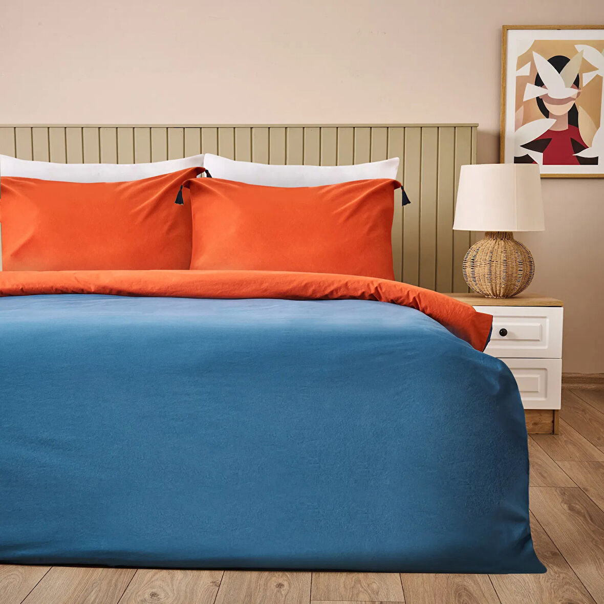 Soft Colorful Çift Kişilik Nevresim Takımı - Kiremit / Lacivert