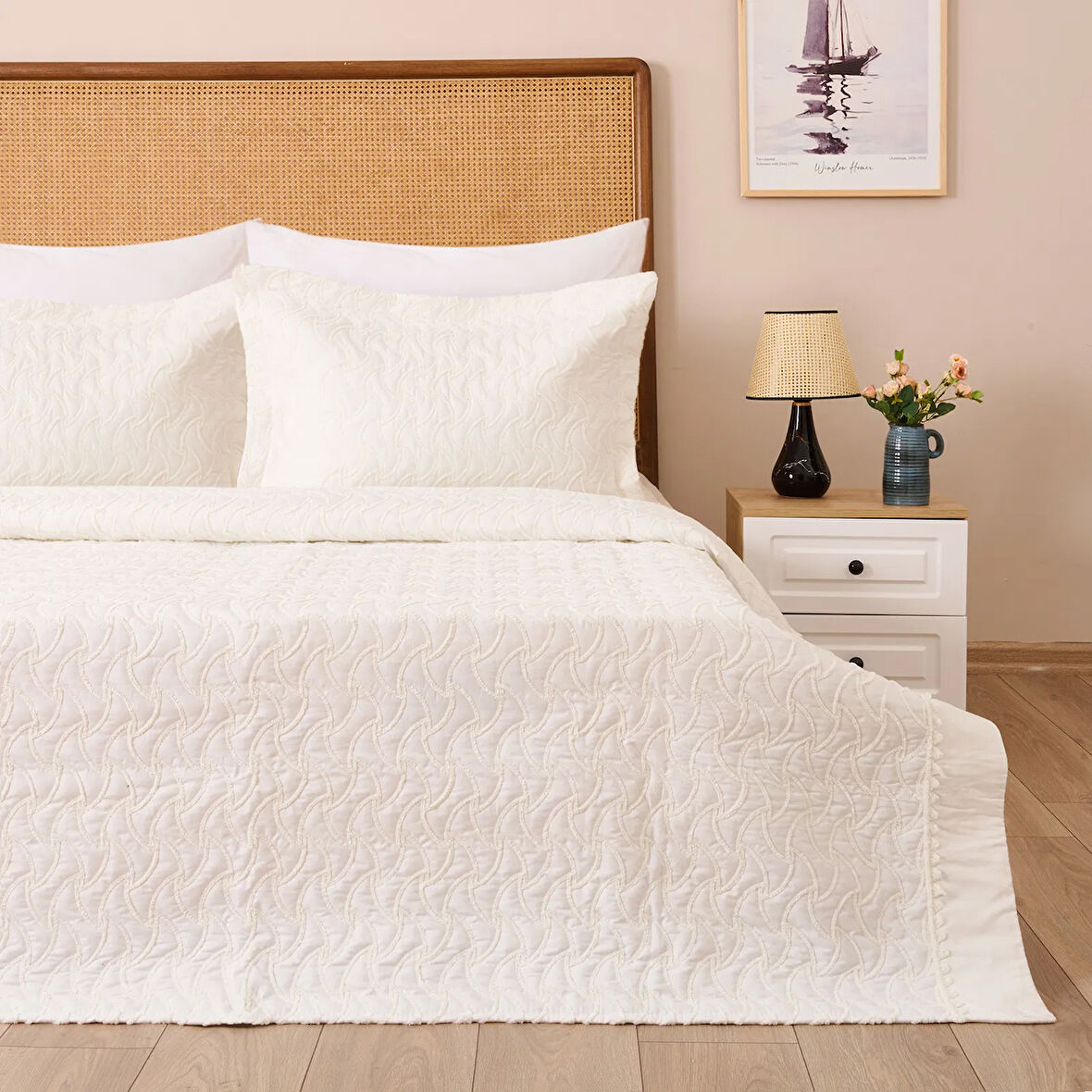 Store Adriel Çift Kişilik 3 Parça Yatak Örtüsü Seti - Krem