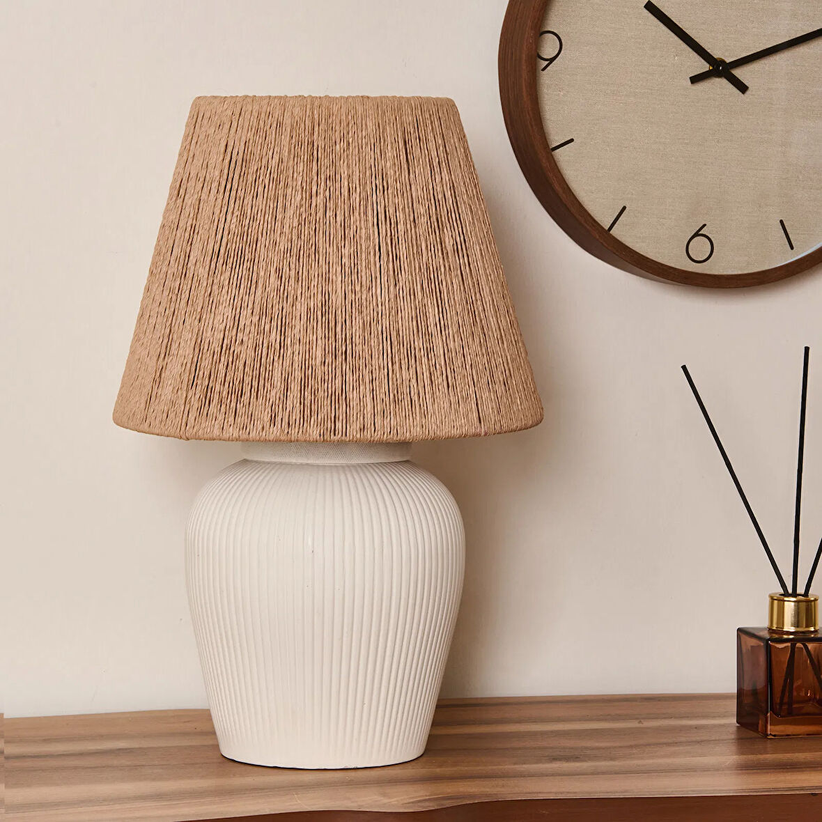 Light Glow Seramik Abajur - Beyaz / Krem - 40x40x25 cm