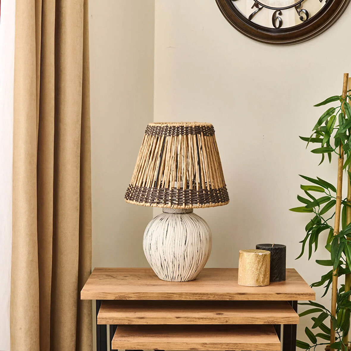 Light Dorian Eskitme Seramik Abajur - Krem - 40x40x25 cm