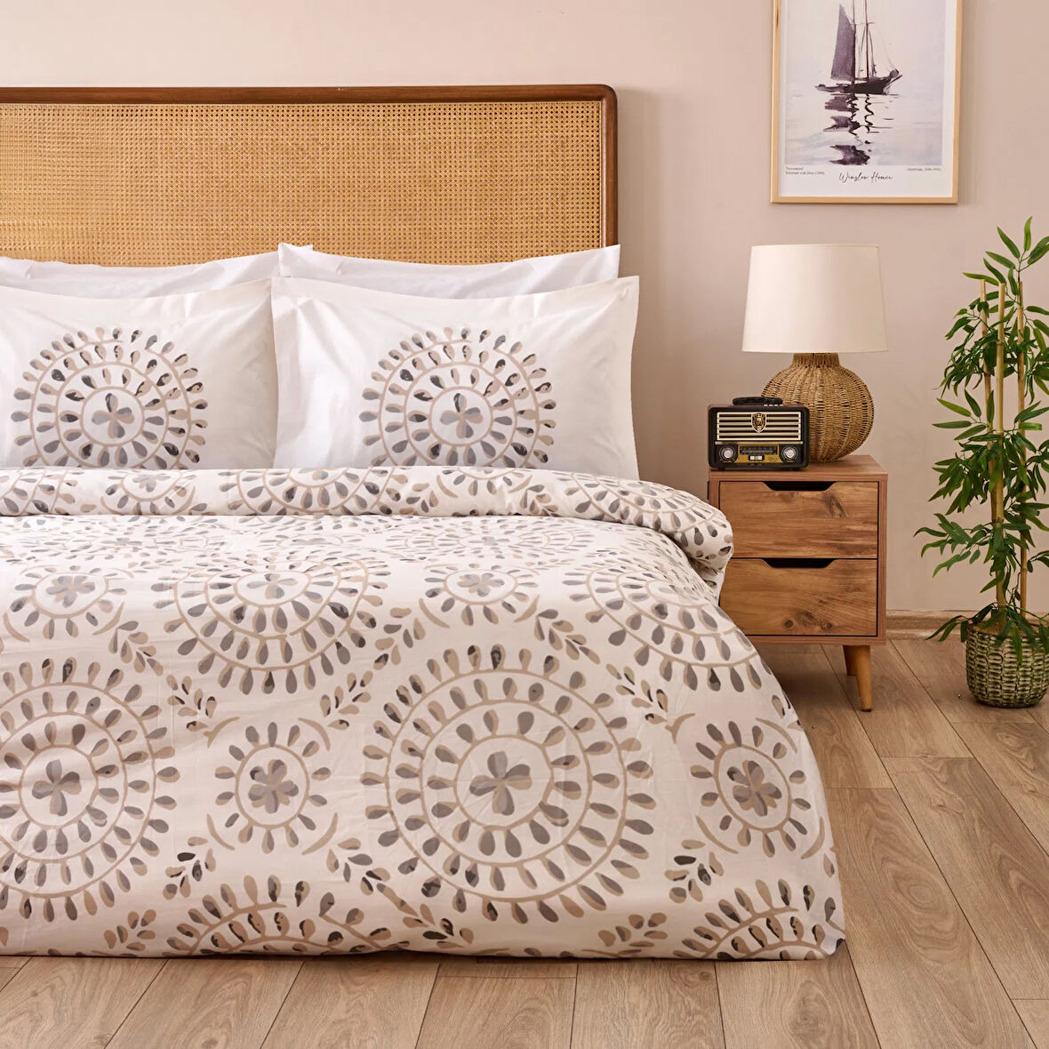 Soft Butas Çift Kişilik Nevresim Takımı - Ekru / Gri