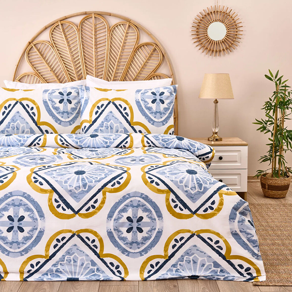 Soft Lile Çift Kişilik Nevresim Takımı - Ekru / Mavi