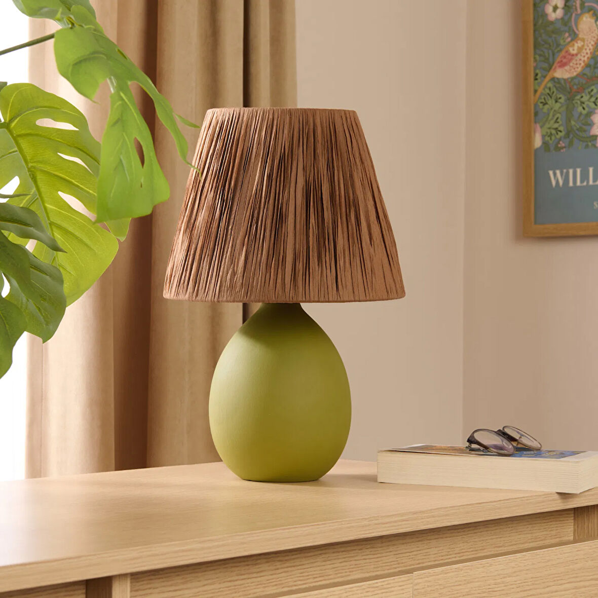 Design Rond Seramik Abajur - Yeşil / Kahverengi - 37x24x24 cm