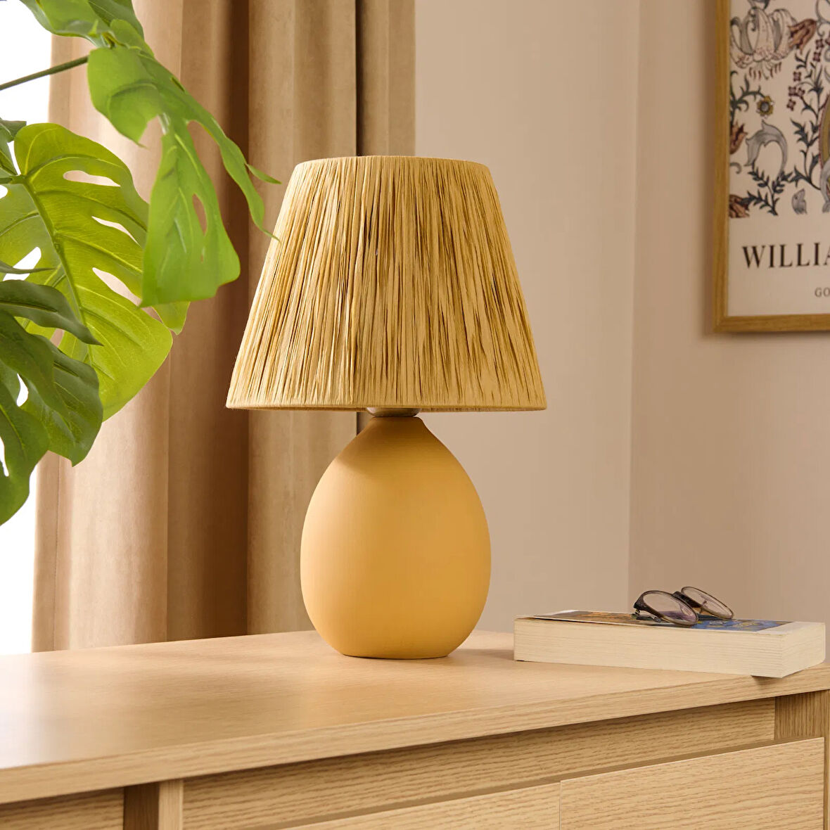 Design Rond Seramik Abajur - Hardal / Sarı - 37x24x24 cm