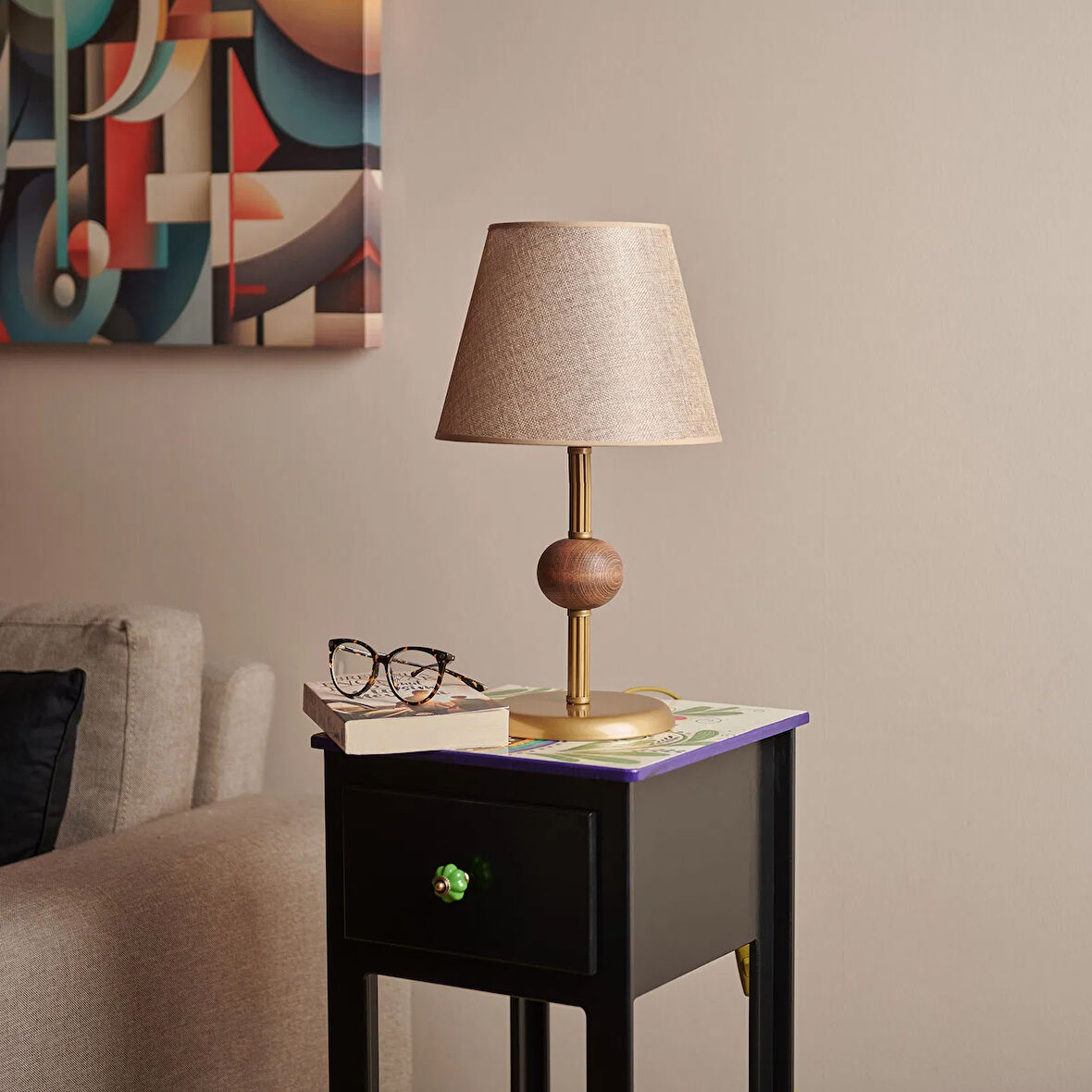 Light Ahşap Detaylı Metal Abajur - Eskitme - 43x25x25 cm