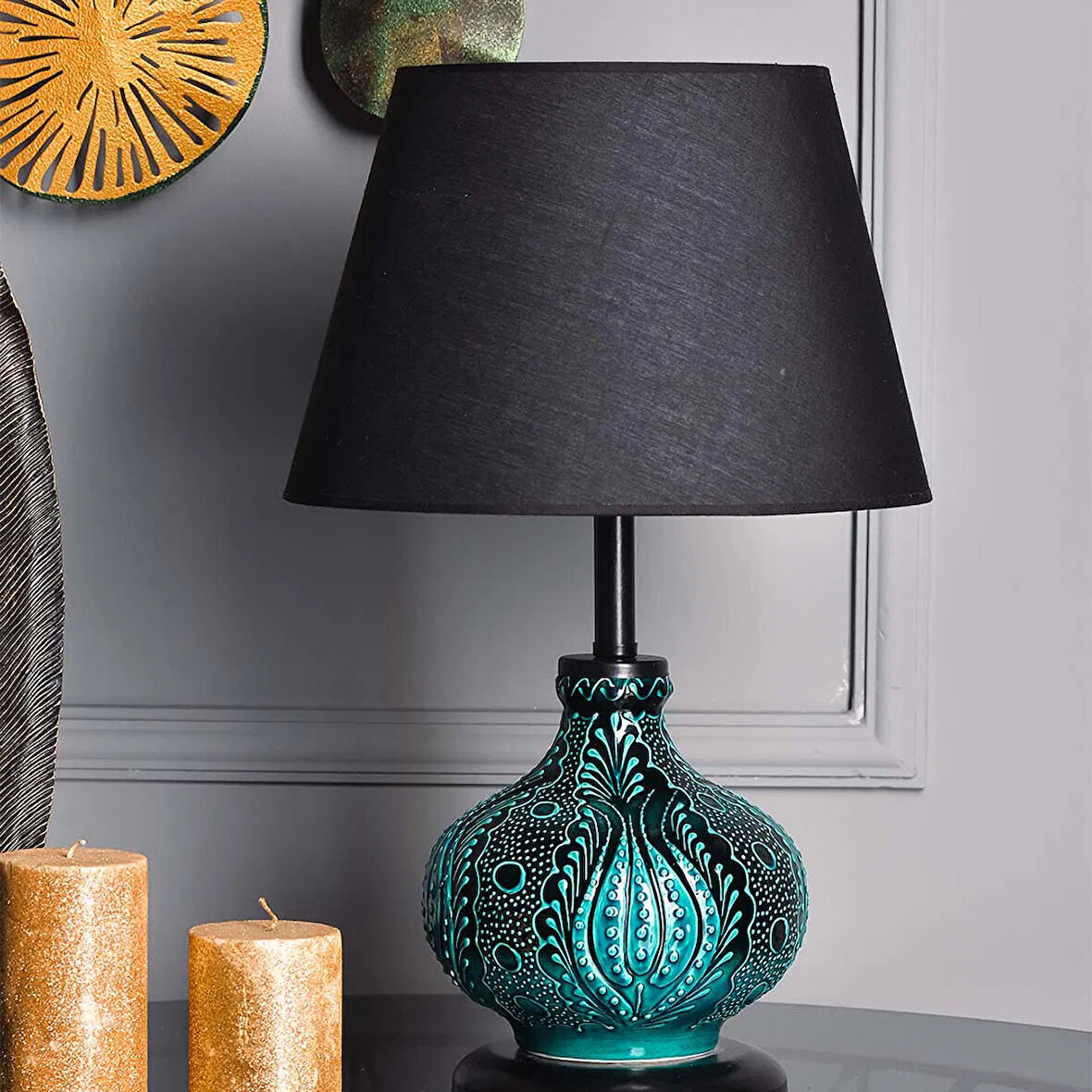 Light Patara Çini Detaylı Seramik Abajur - Siyah / Turkuaz