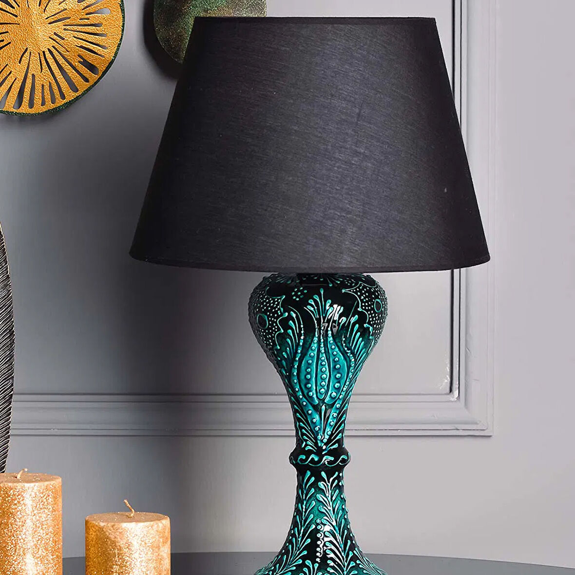 Light Gordion Çini Detaylı Seramik Abajur - Siyah Şapka / Siyah Ayak