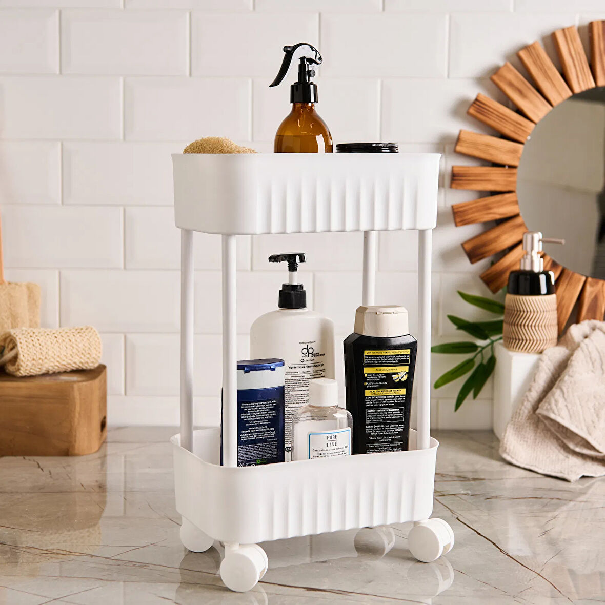 İki Katlı Tekerlekli Banyo Rafı - Beyaz - 45x27x17 cm
