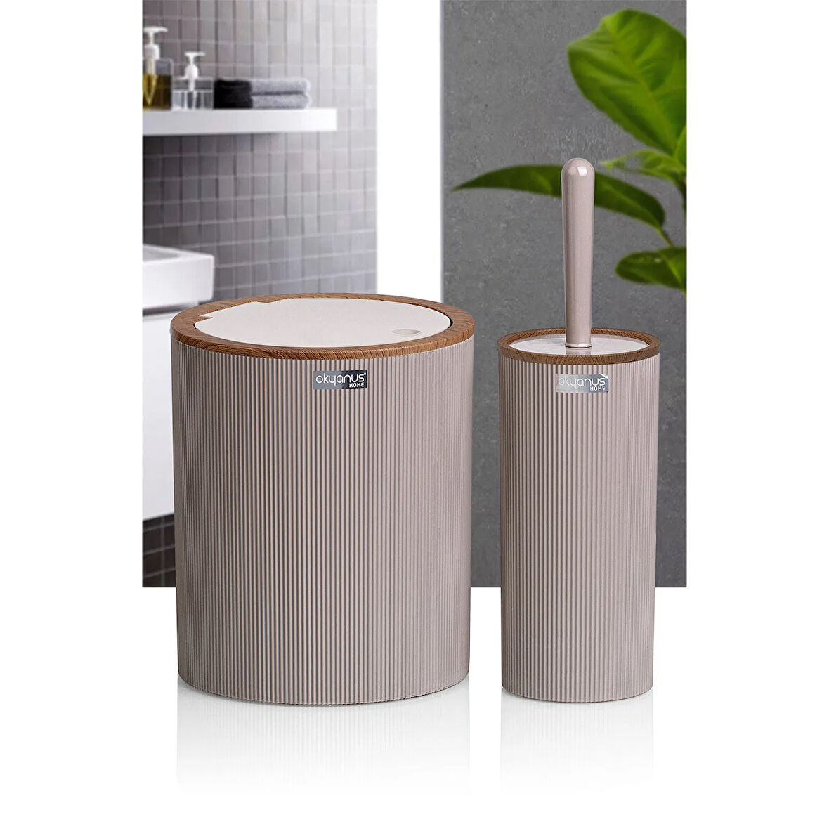 Home Ahşap Desenli Çizgili Yuvarlak 2'li Banyo Aksesuar Seti - Bej