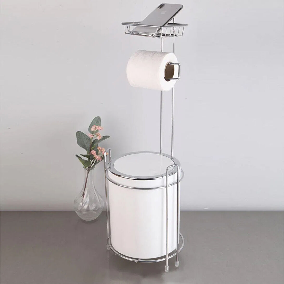 Yedekli Wc Kağıtlığı Ve Çöp Kovası - Beyaz