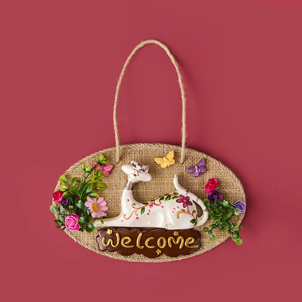 Dekoratif Welcome Cat Kapı Süsü - Renkli - 26x16 cm