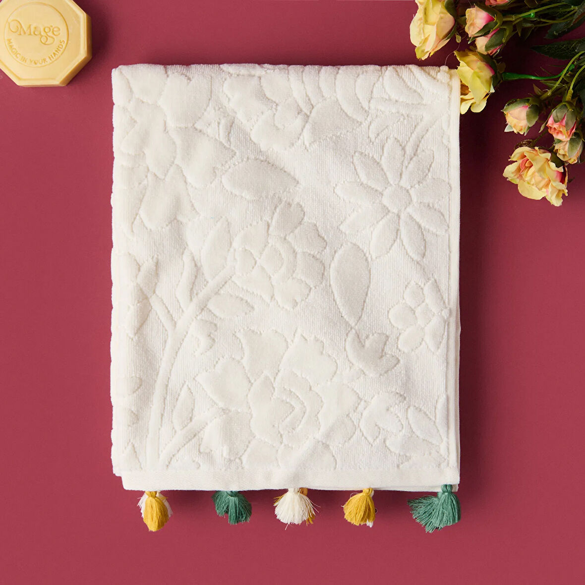 Soft Granny Summer Flos Yüz Havlusu - Ekru - 50x90 cm