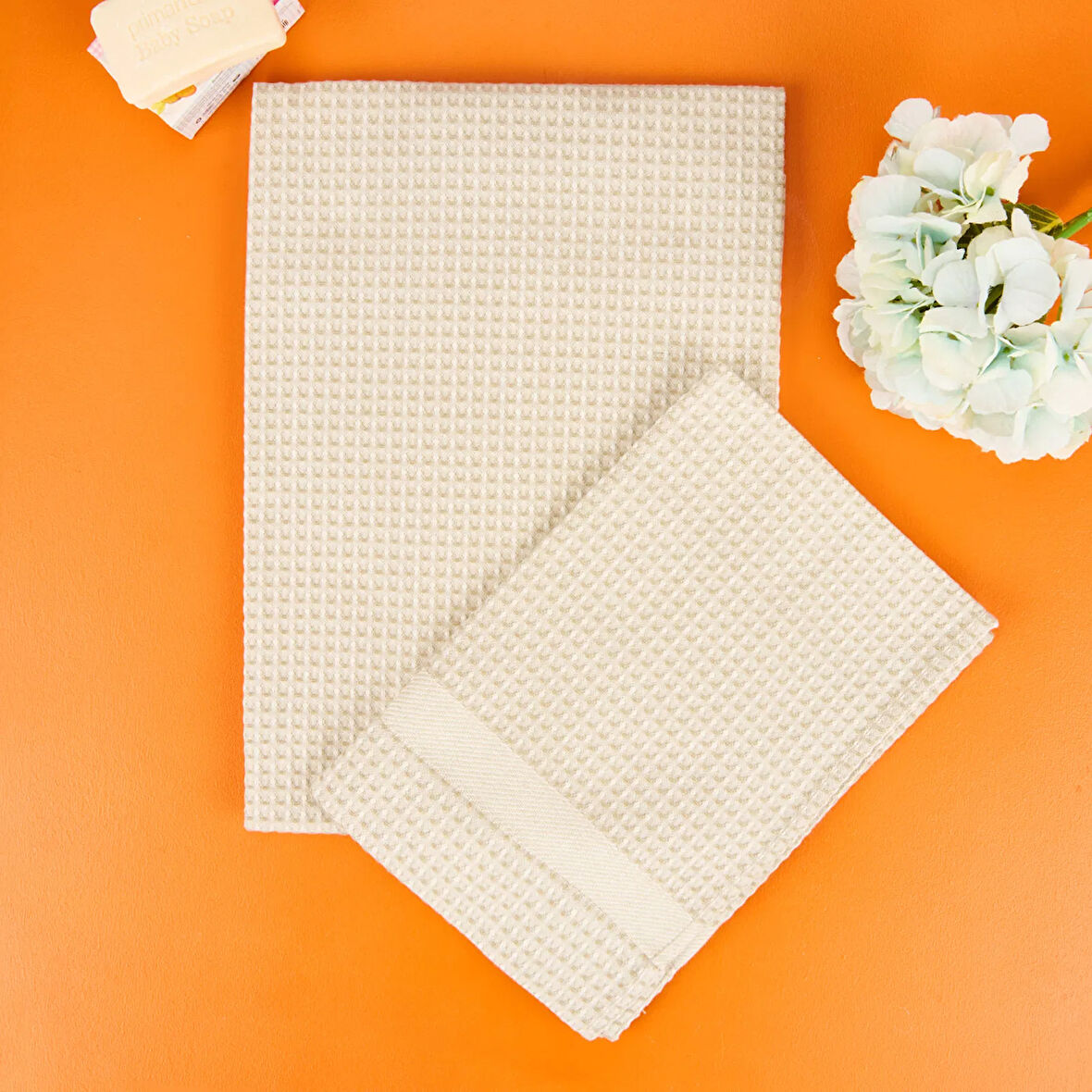 Soft Waffle 2'li Havlu Seti - Açık Bej - 60x110 cm + 40x60 cm