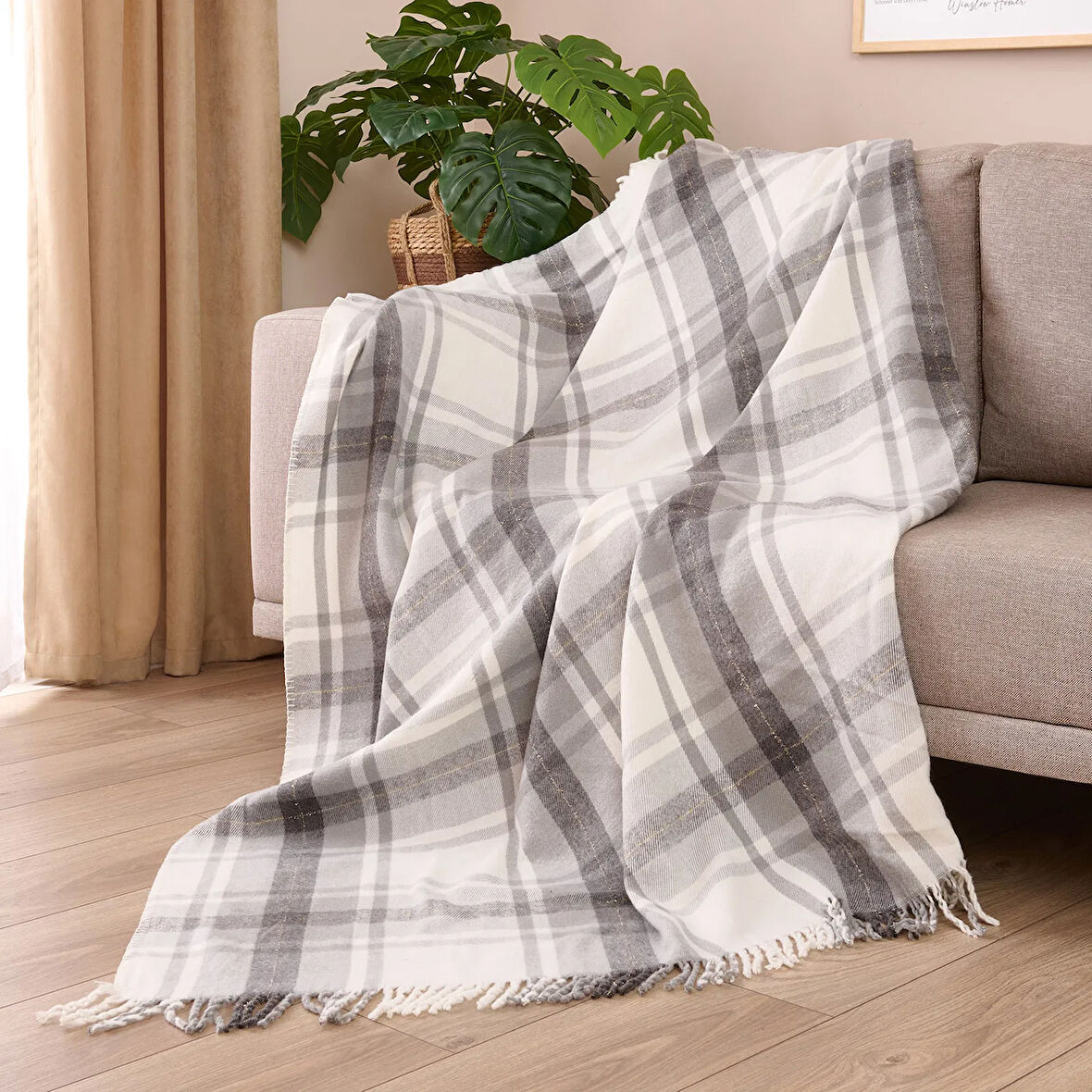 Soft Sim İp Detaylı Skoç Koltuk Şalı - Gri - 130x170 cm