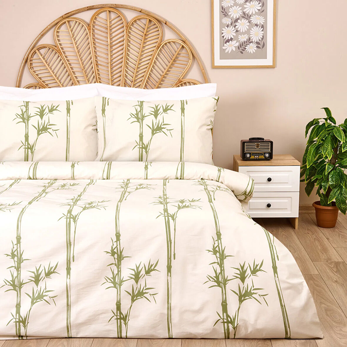 Soft Blad Çift Kişilik Nevresim Takımı - Ekru / Yeşil