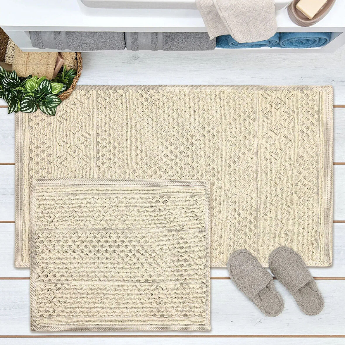 Soft Merry Natürel 2'li Banyo Paspası - Bej - 60x100 cm + 50x60 cm