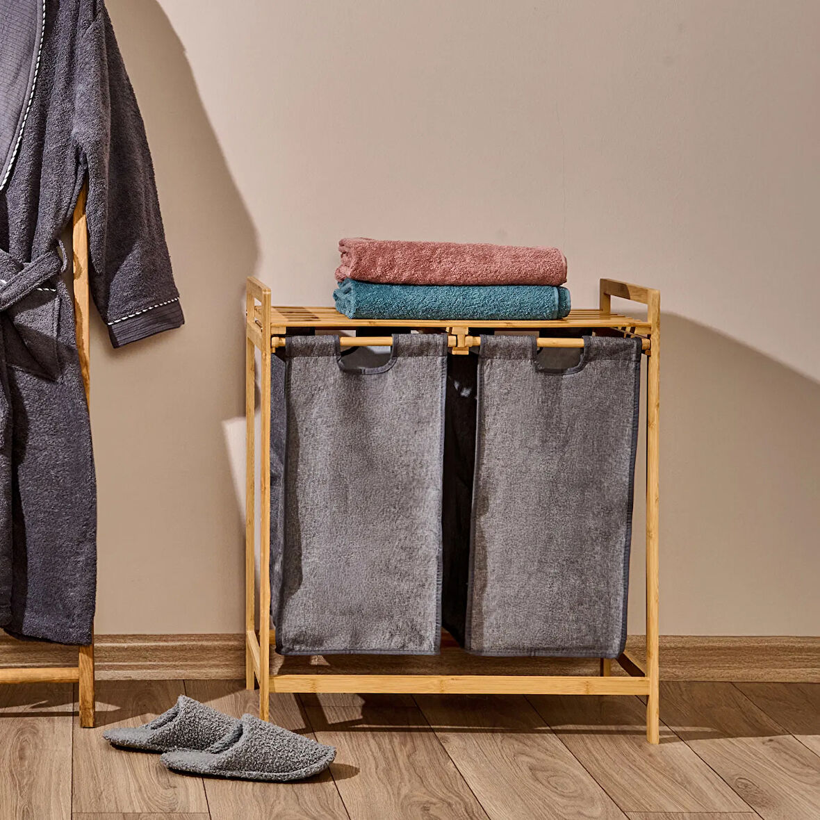 2 Bölmeli Bambu Kirli Çamaşır Sepeti - Gri / Bej - 74 cm