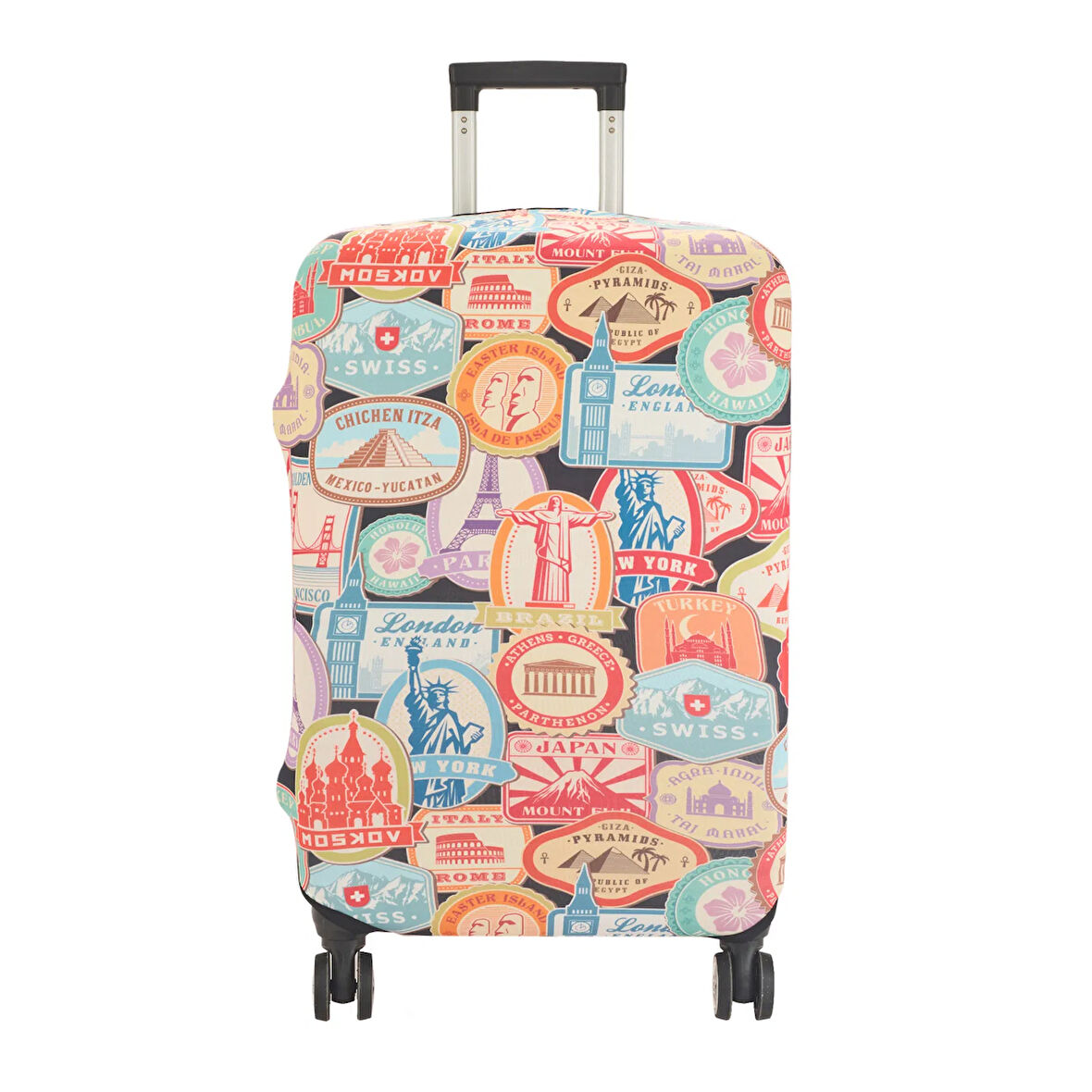 Mektup Pulu Baskılı Orta Boy Valiz Kılıfı - Renkli - 64x45x26 cm