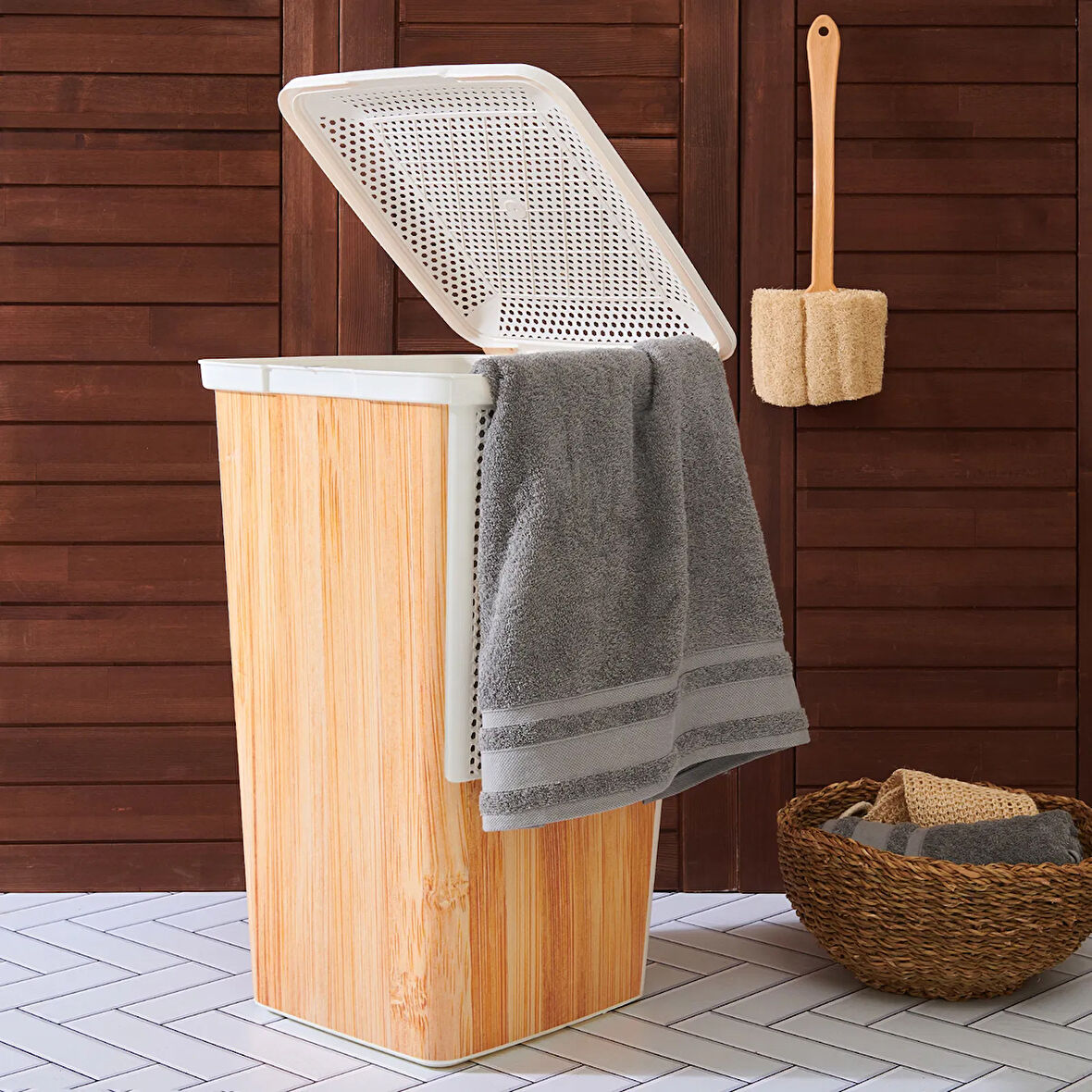 Ahşap Görünümlü Çamaşır Sepeti - Beyaz - 55 lt