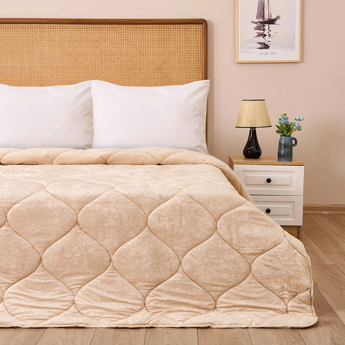 43182 Çift Kişilik Kadife Yorgan - Bej - 195x215 cm