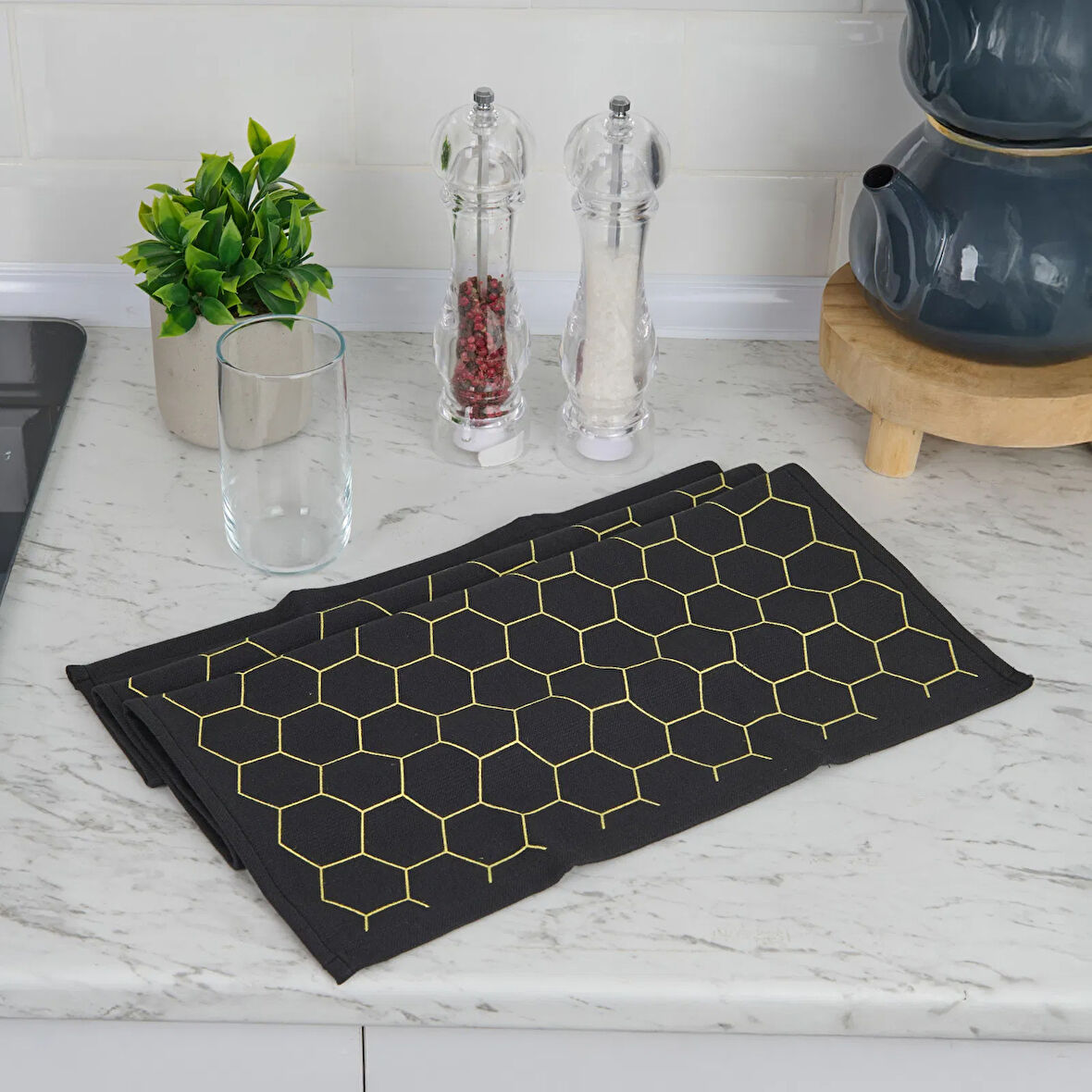 Soft Hexagon Mutfak Havlusu - Siyah - 40x66 cm