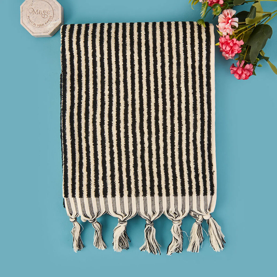 Soft Helga Yüz Havlusu - Ekru / Siyah - 50x90 cm