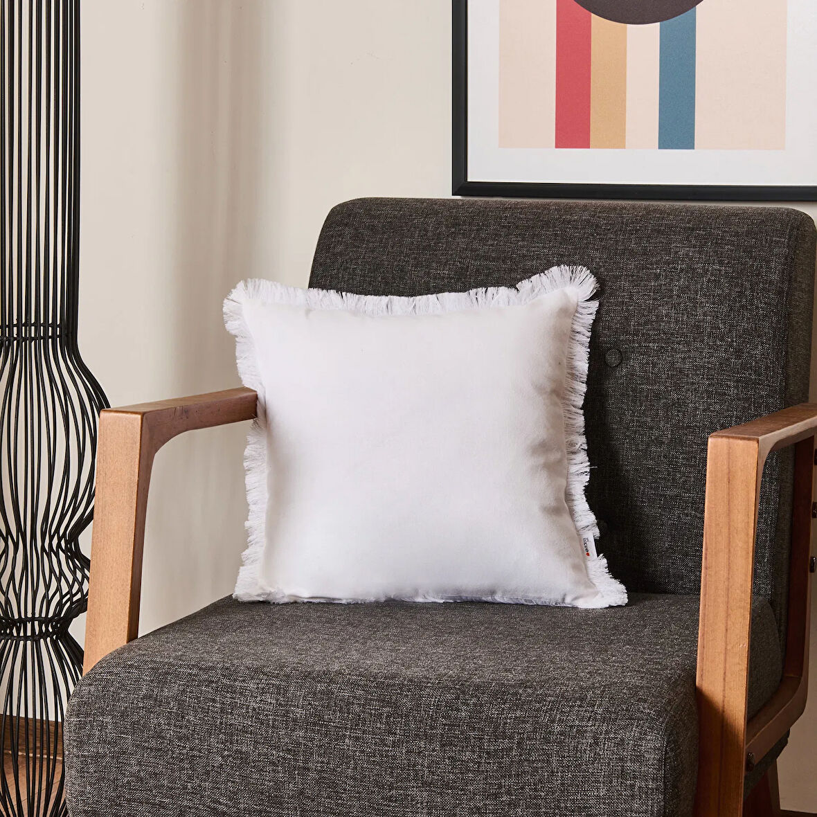 Soft Ethnic Saçak Detaylı Kırlent - Beyaz - 40x40 cm