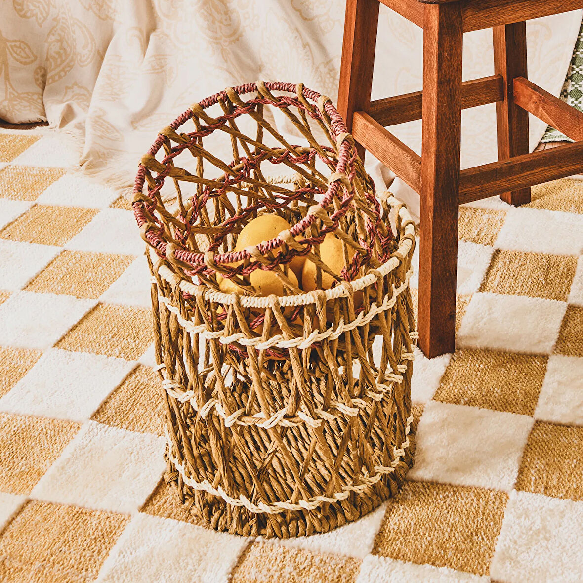 Living Granny Summer Büyük Silindir Dekoratif Sepet - Bej - 25x25 cm