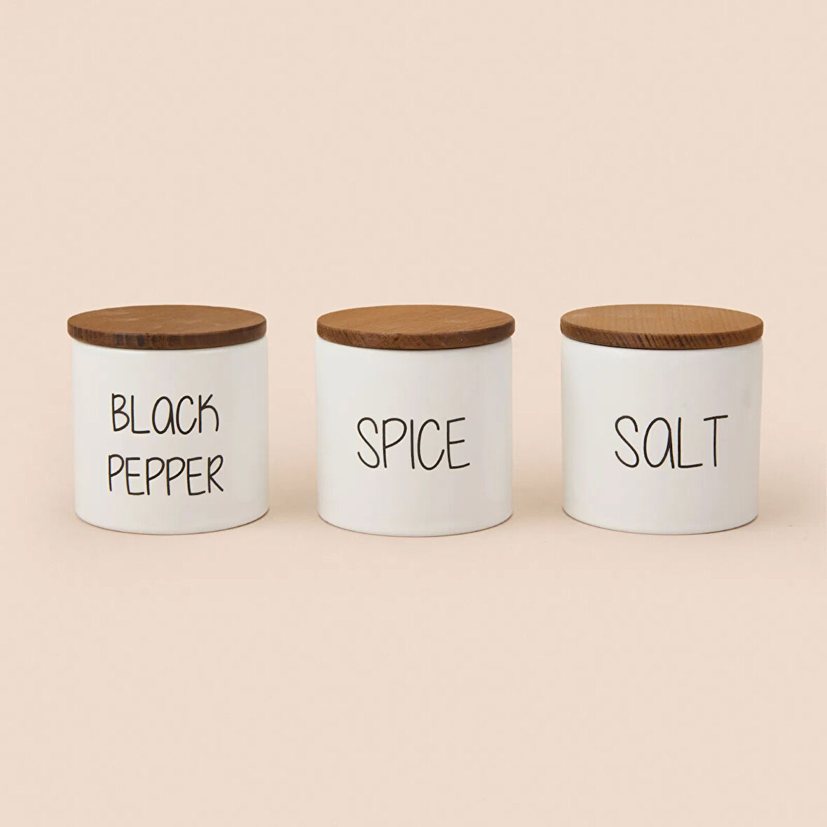 Nero Ahşap Kapaklı 3'lü Seramik Baharatlık Seti - Beyaz / Açık Kahverengi