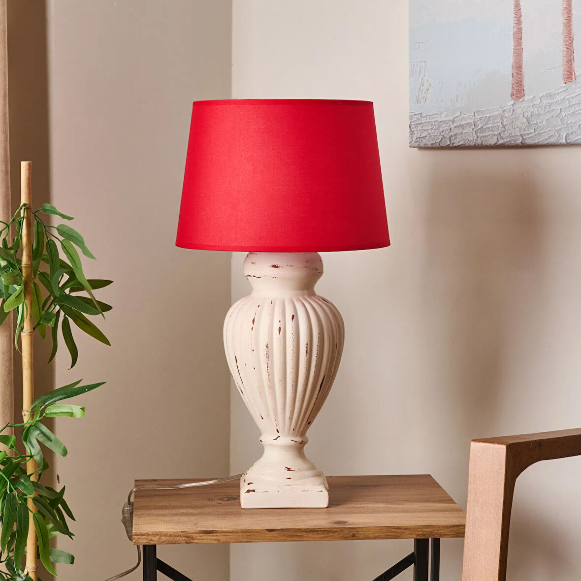 Lighting Apollon Eskitme Büyük Abajur - Kırmızı / Krem - 60 cm