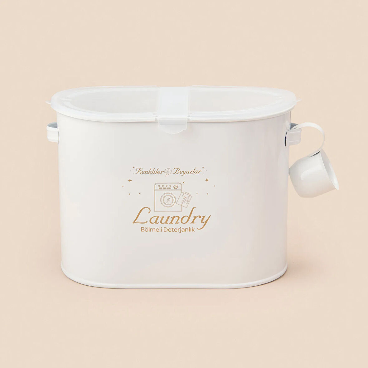 Bath 2 Bölmeli Plastik Kapaklı Metal Deterjan Kutusu - Beyaz - 12 lt