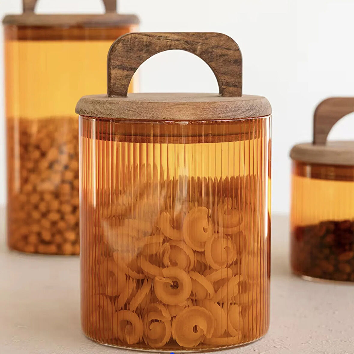 Mia Akasya Kulplu Cam Kavanoz - Amber - 700 ml