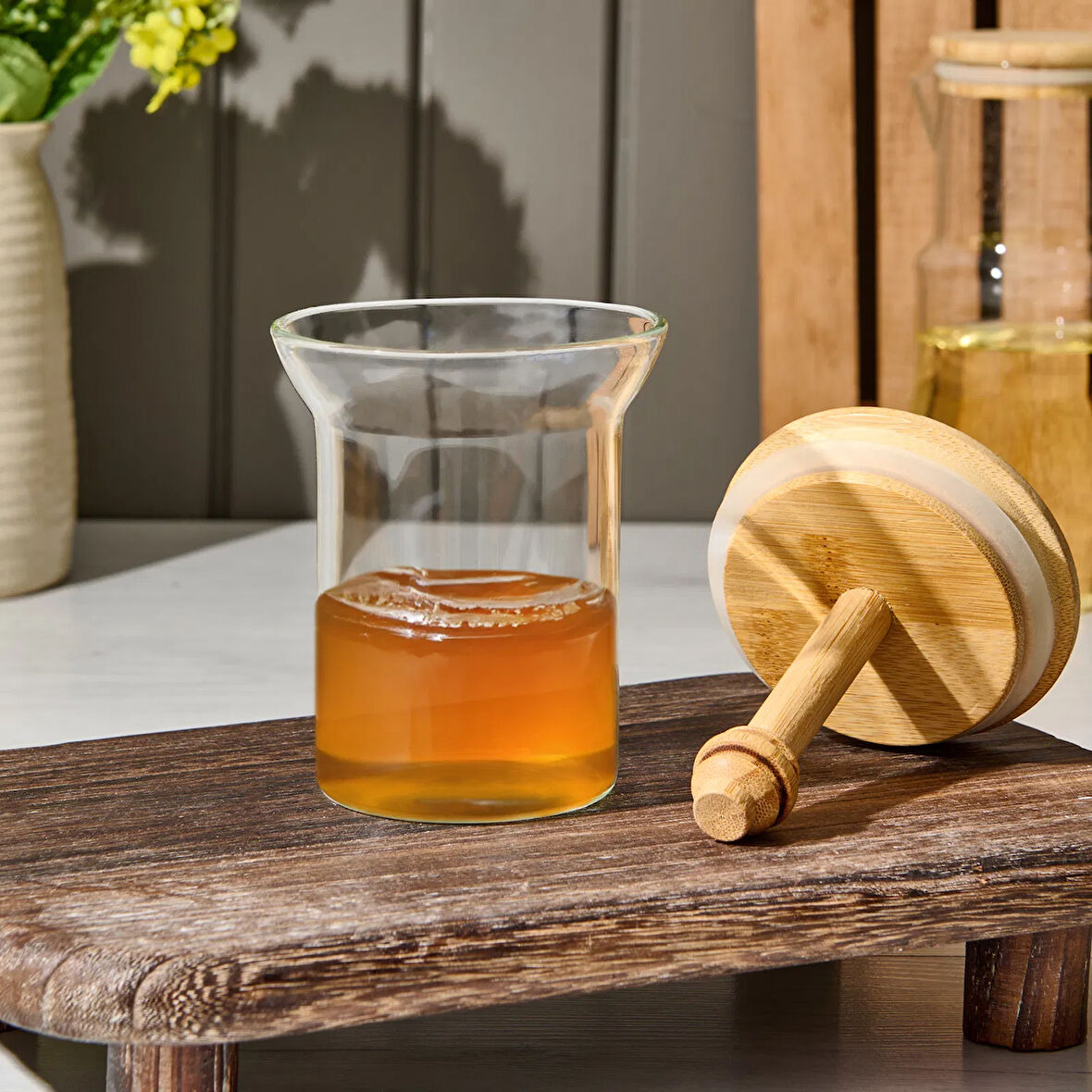 Bambu Kaşıklı Bal Kavanozu - Şeffaf - 14,5 cm