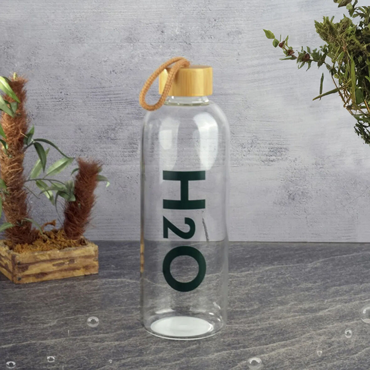 Bambu Kapaklı H2O Cam Matara - Şeffaf / Açık Kahverengi - 1 lt