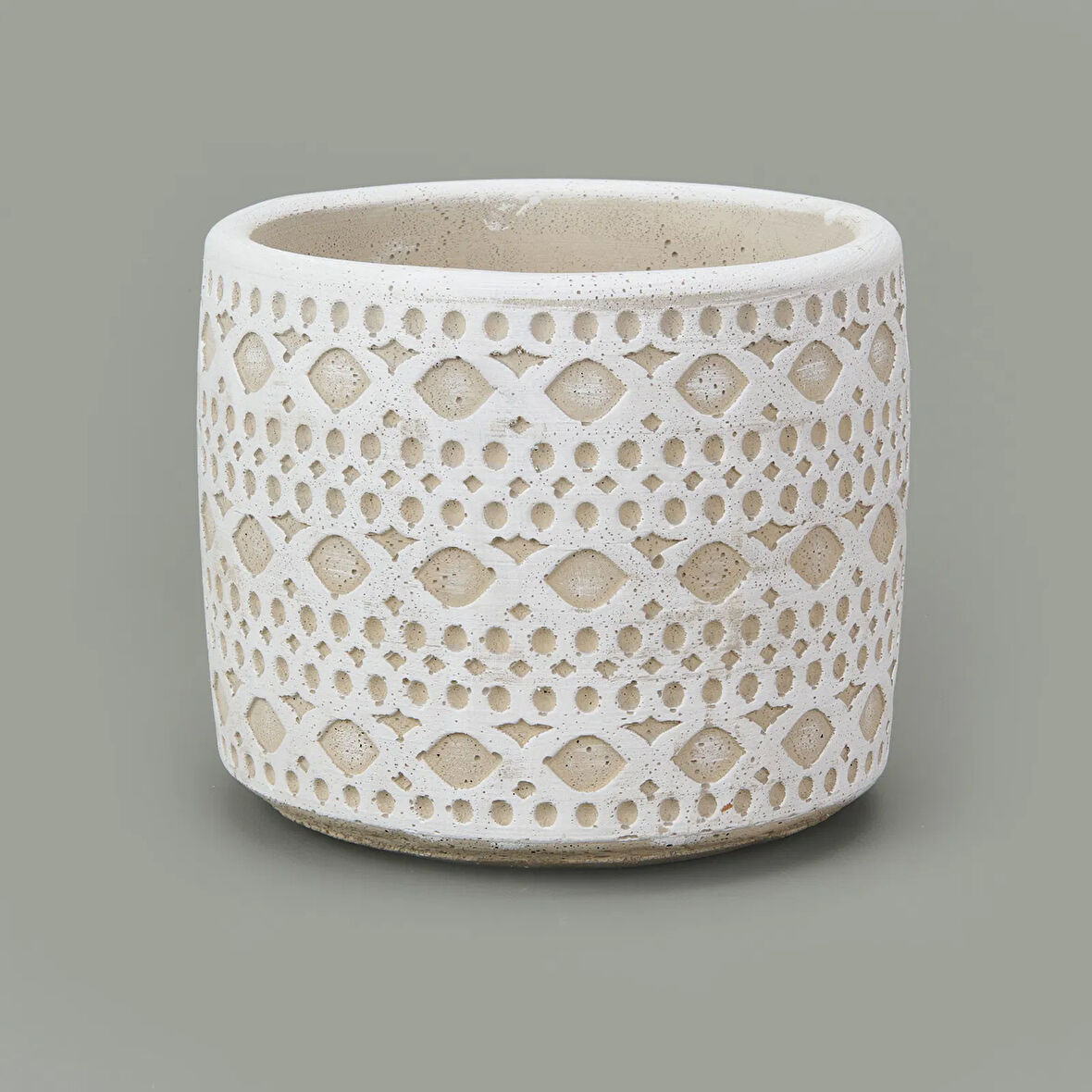 Dantel Güpür Desenli Beton Saksı - Beyaz - 14x12,5 cm