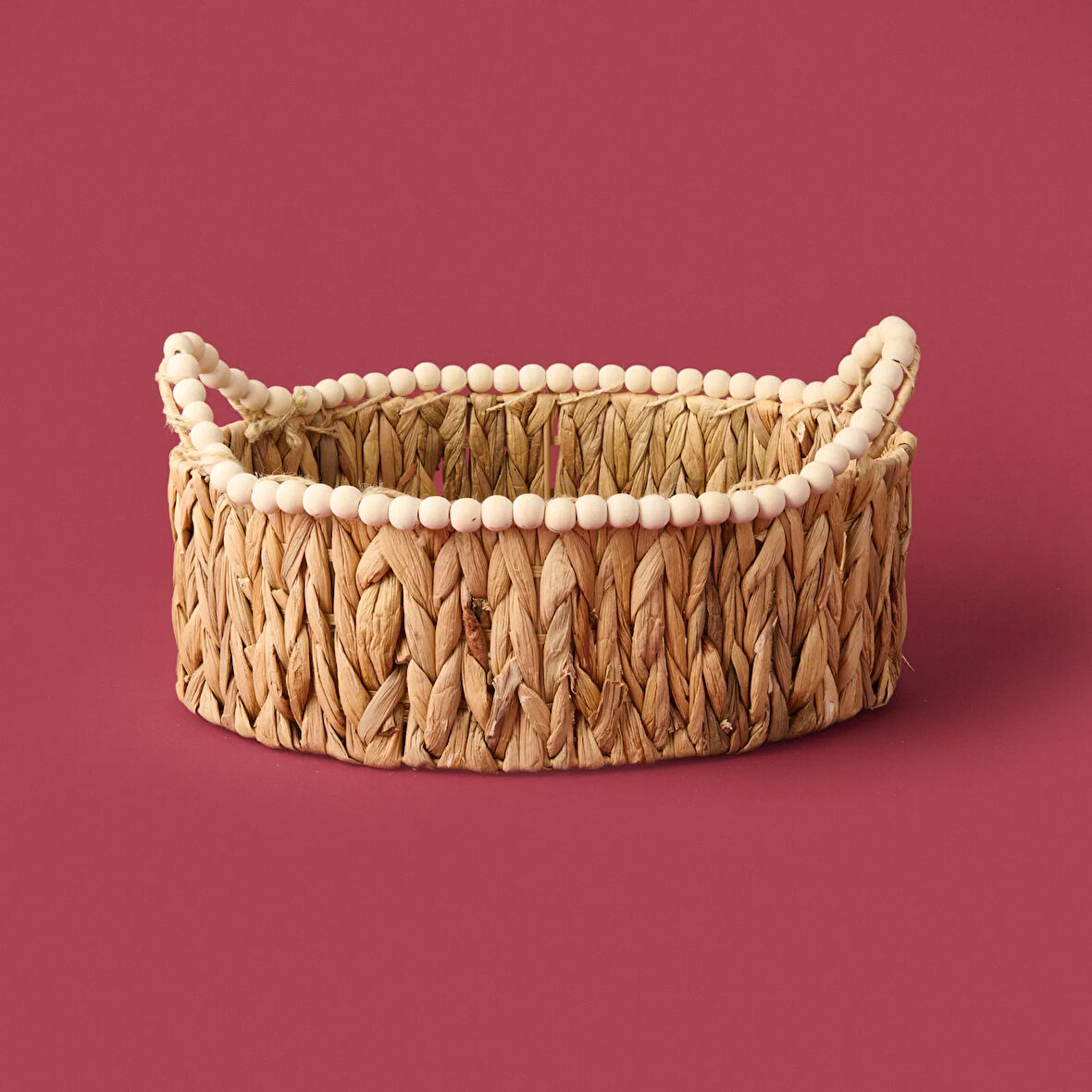 Boncuklu Hasır Sepet - Kahverengi - 38x24x14 cm