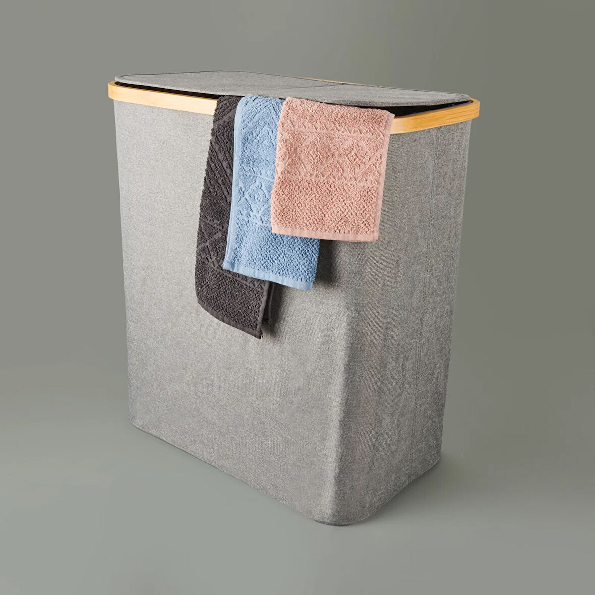 2 Bölmeli Katlanabilir Çamaşır Sepeti - Gri - 110 lt