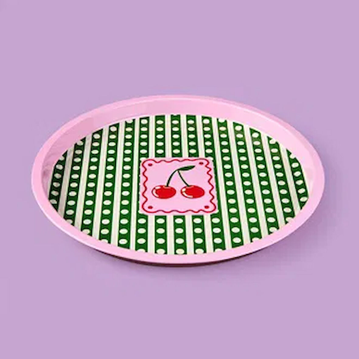 Cherry Desenli Yuvarlak Tepsi - Renkli - 35x35 cm