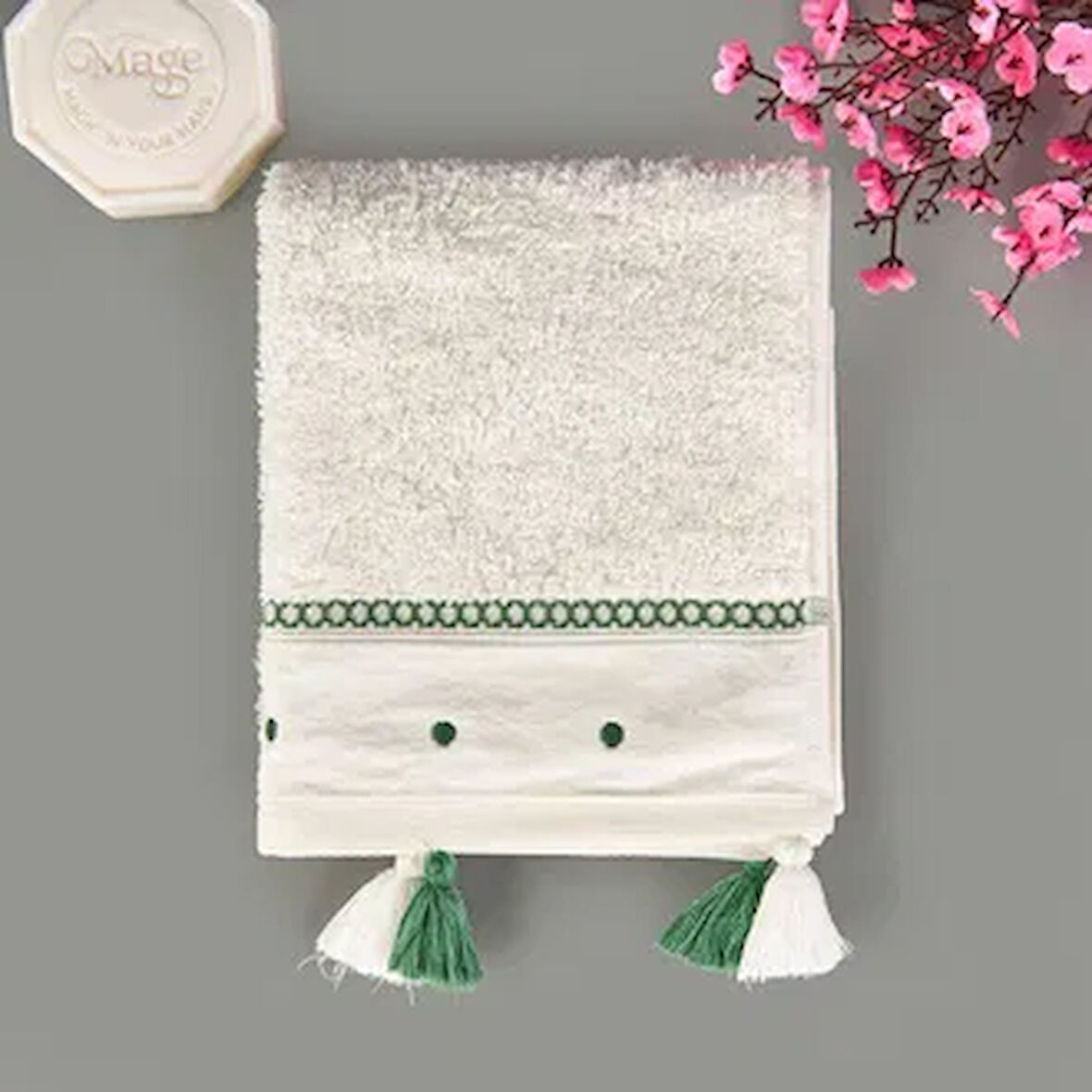 Soft Piene El Havlusu - Ekru / Yeşil - 30x50 cm