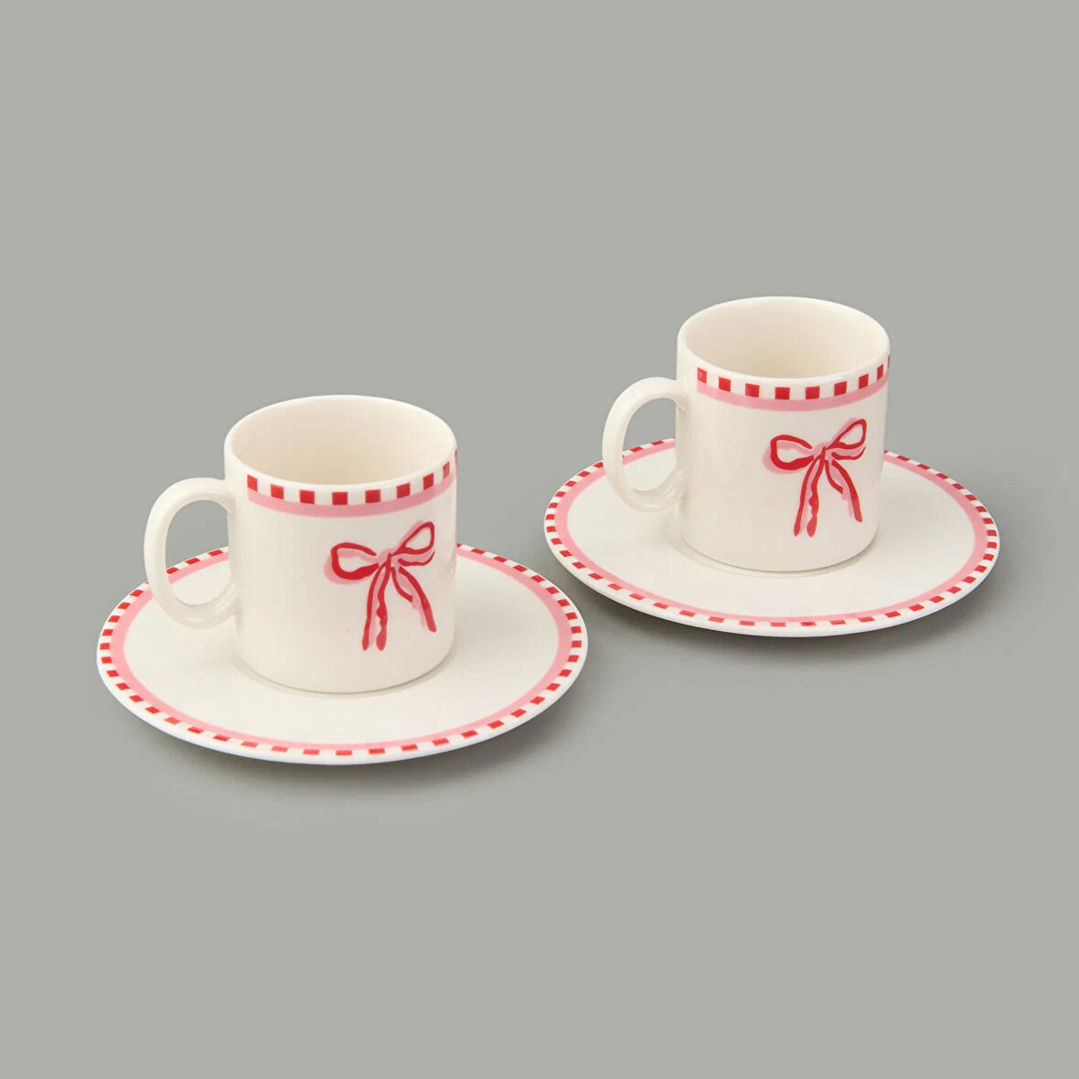 Kitchen Ribbon 2'li Porselen Kahve Fincanı Takımı - Pembe / Beyaz - 110 ml